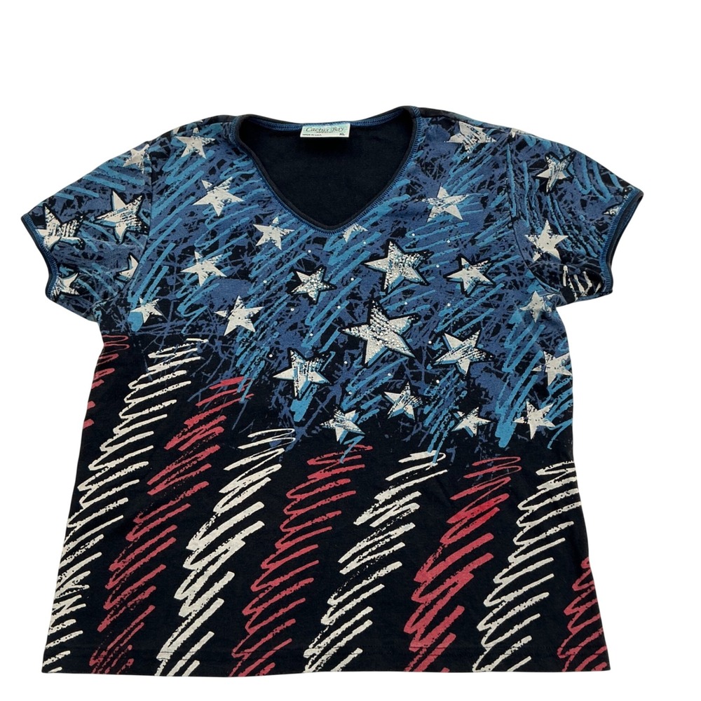 Americana Patriotic Flag Graphic T-Shirt Rhinestone Stars V-Neck Blue XL